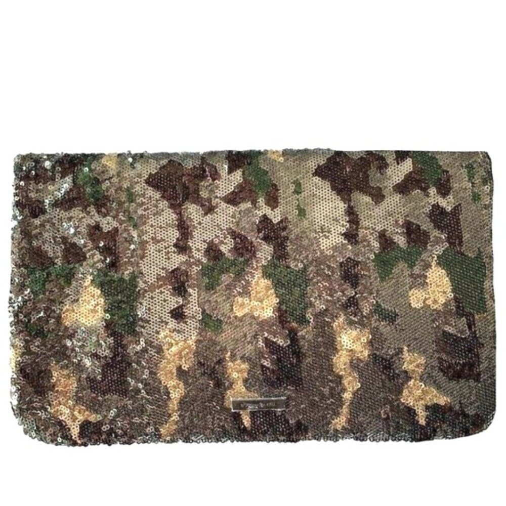 BCBGMAXAZRIA Sequin Camo Foldover Clutch Wallet Green Gold Brown Black Large NYE - Picture 2 of 9
